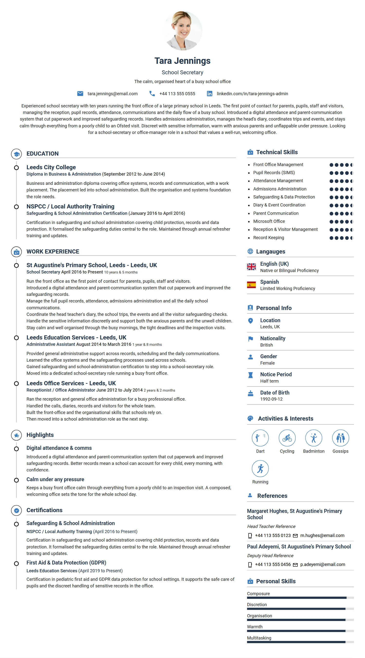 School Secretary resume example — a professionally formatted Administration CV sample