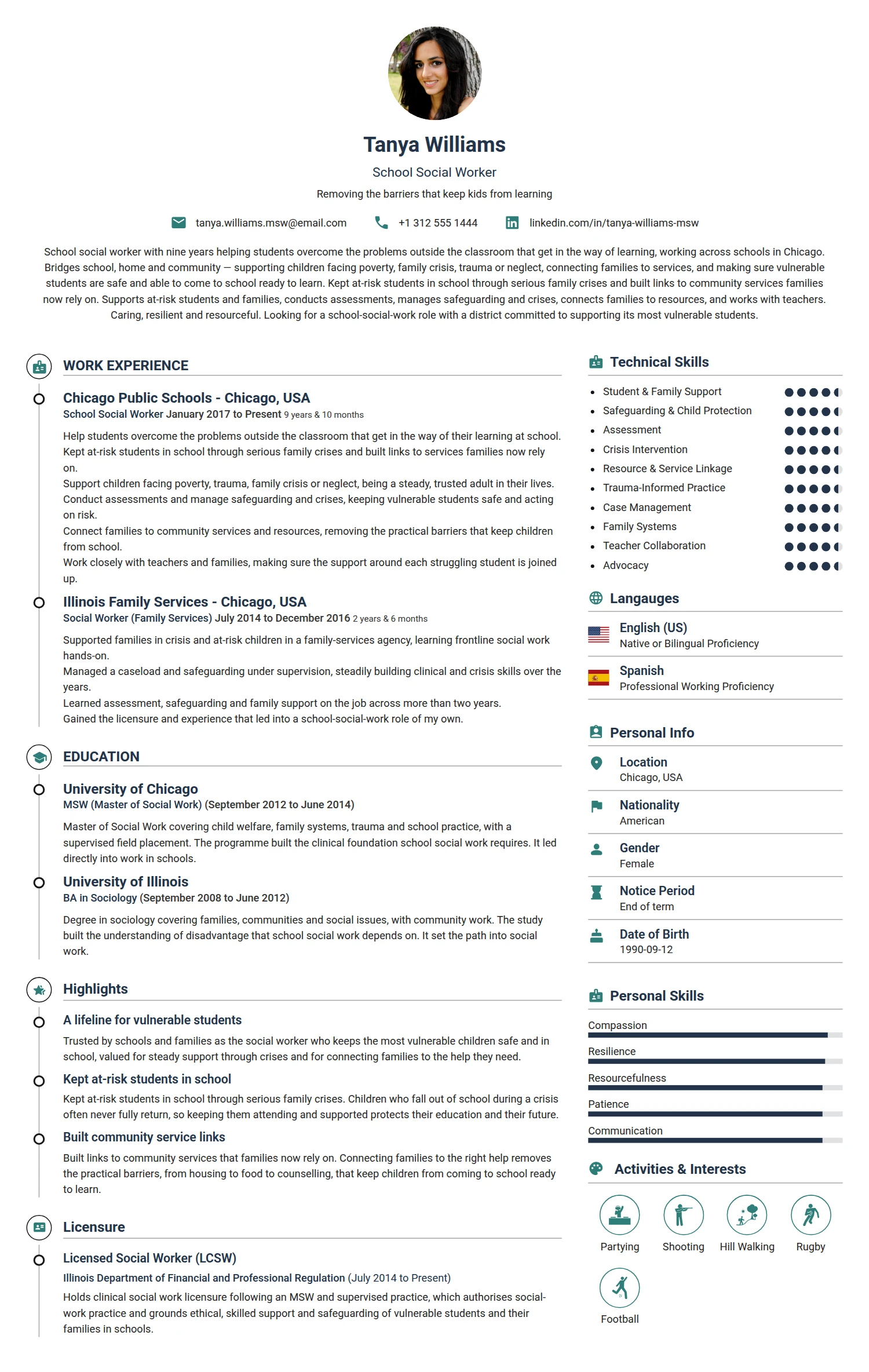 School Social Worker resume example — a professionally formatted Charity/Non-Profit CV sample