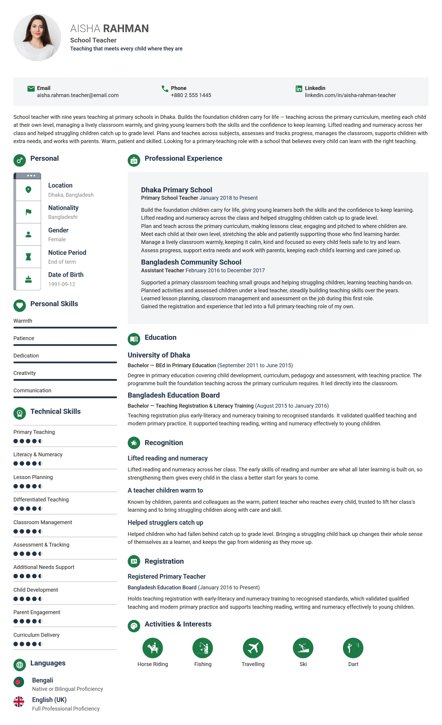 School Teacher resume example — a professionally formatted Education CV sample