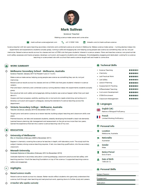 Science Teacher resume example
