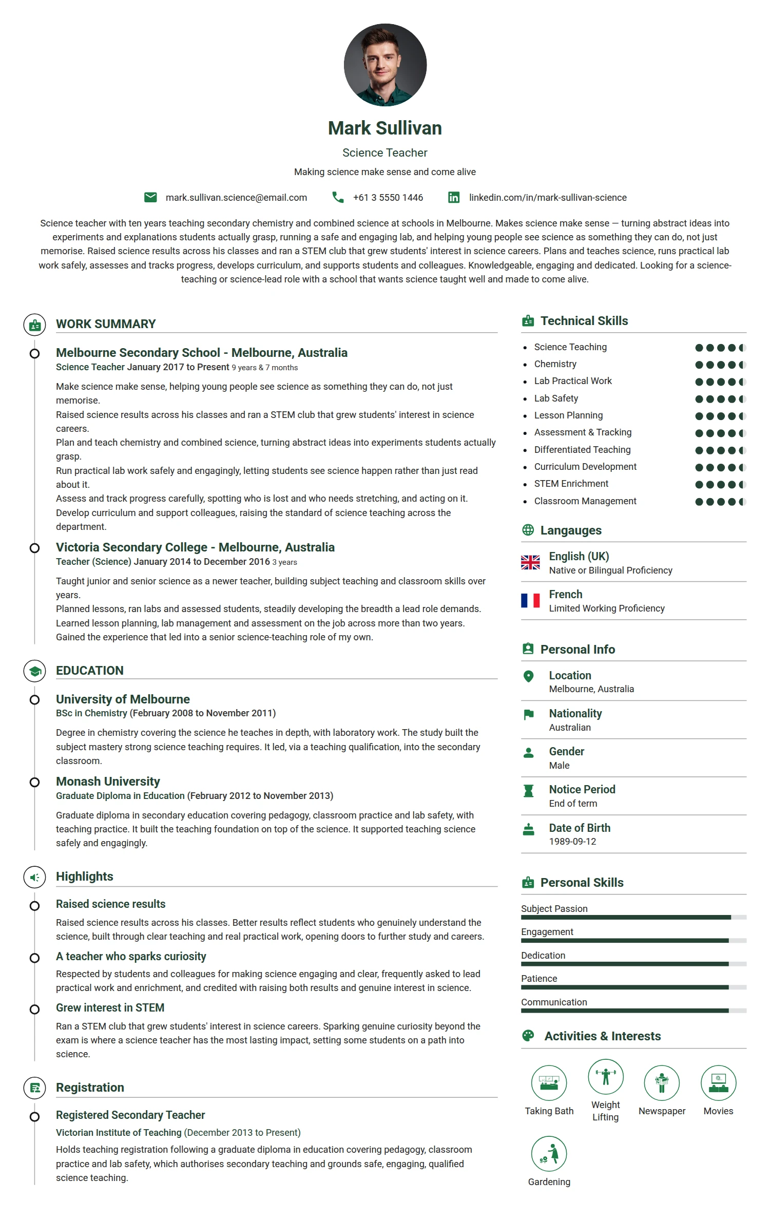 Science Teacher resume example — a professionally formatted Education CV sample