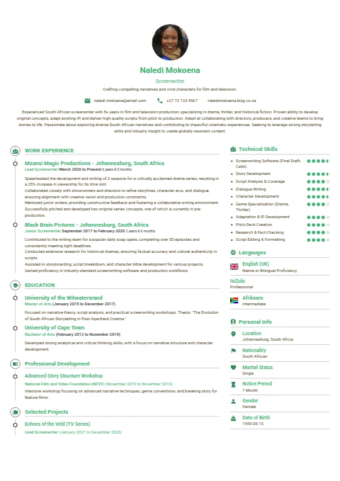 Screenwriter resume example