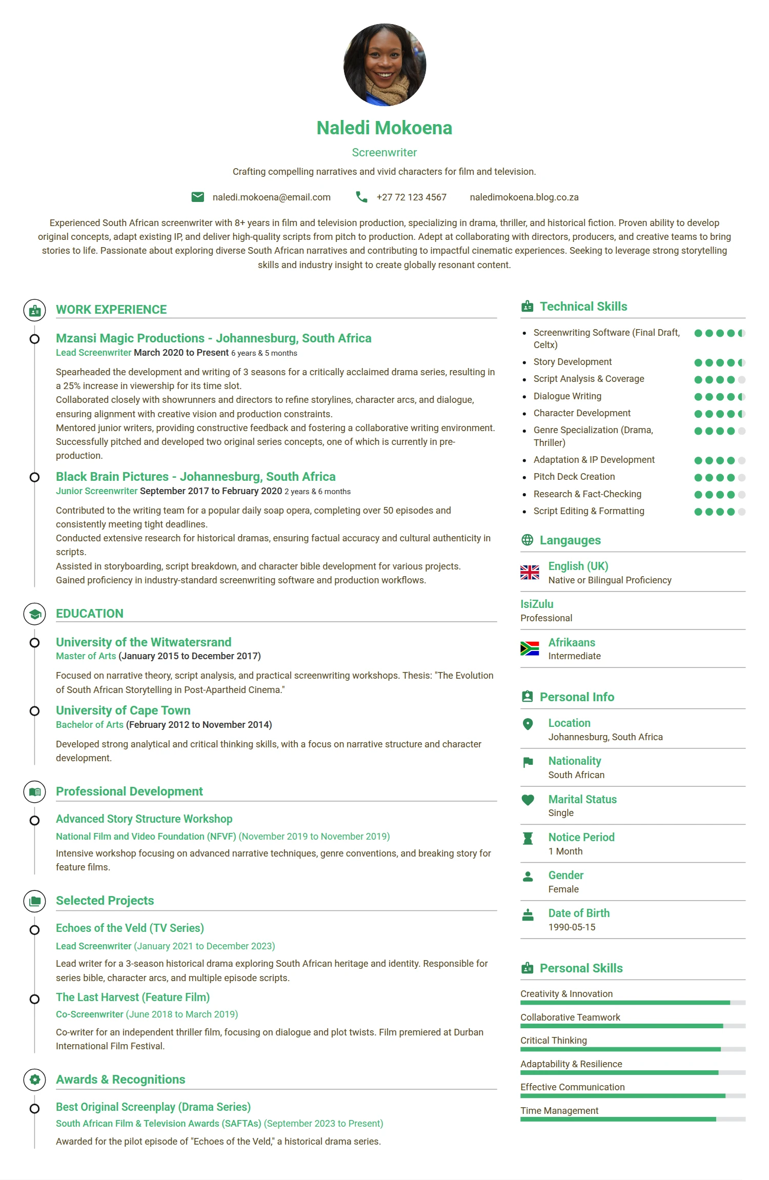Screenwriter resume example — a professionally formatted Media/Journalism CV sample