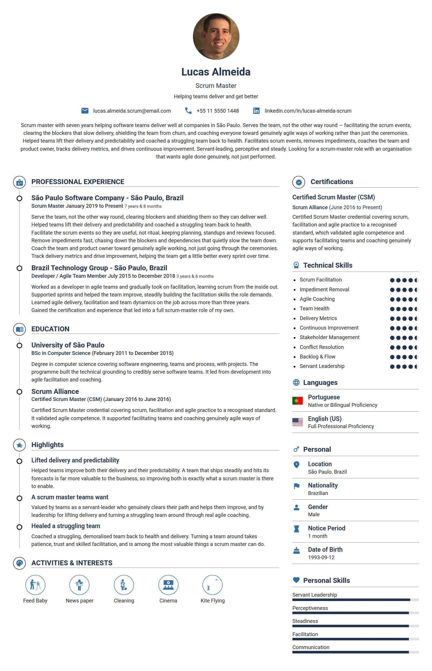Scrum Master resume example — a professionally formatted Software Development & IT CV sample