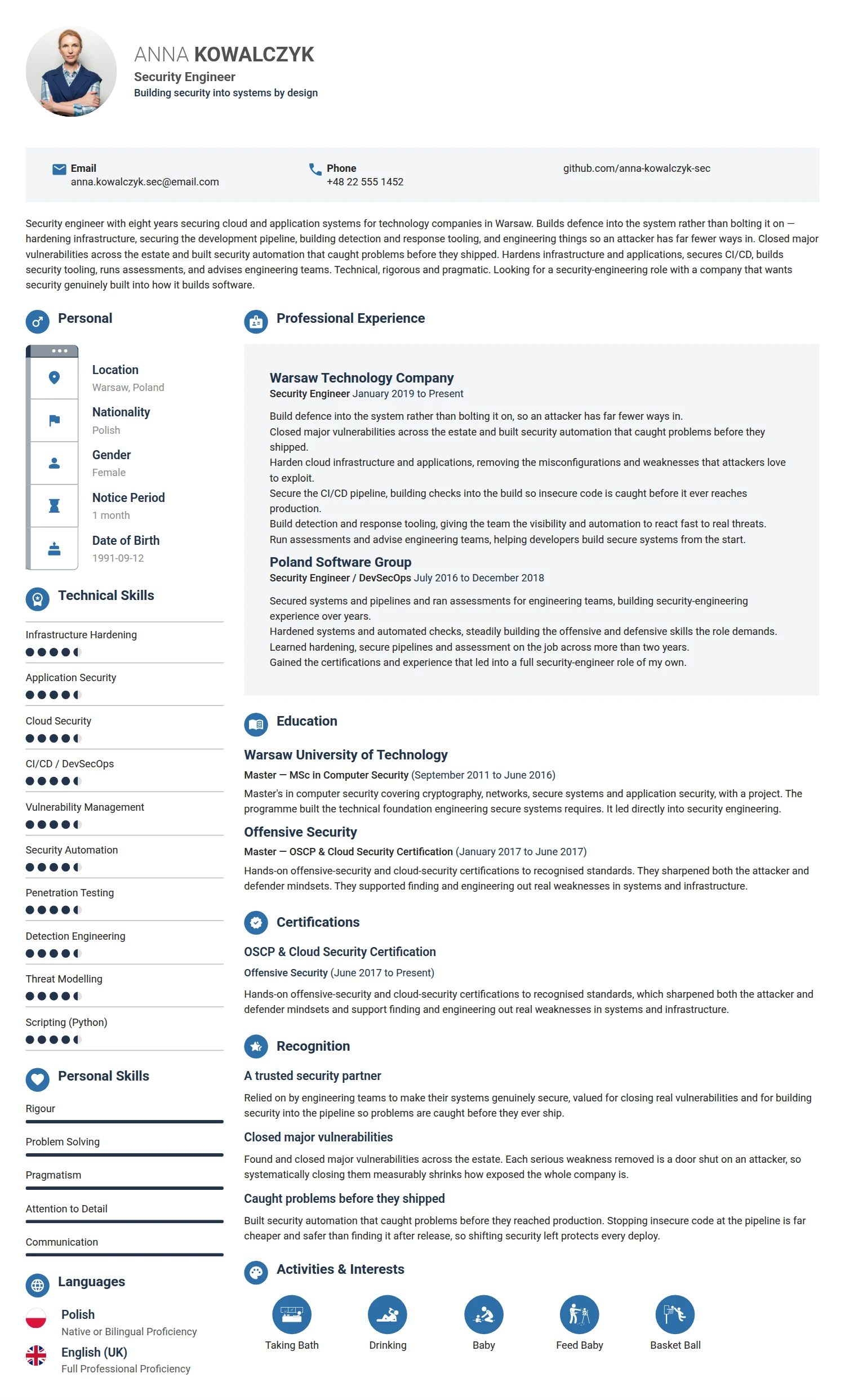 Security Engineer resume example — a professionally formatted Law Enforcement/Military/Security CV sample