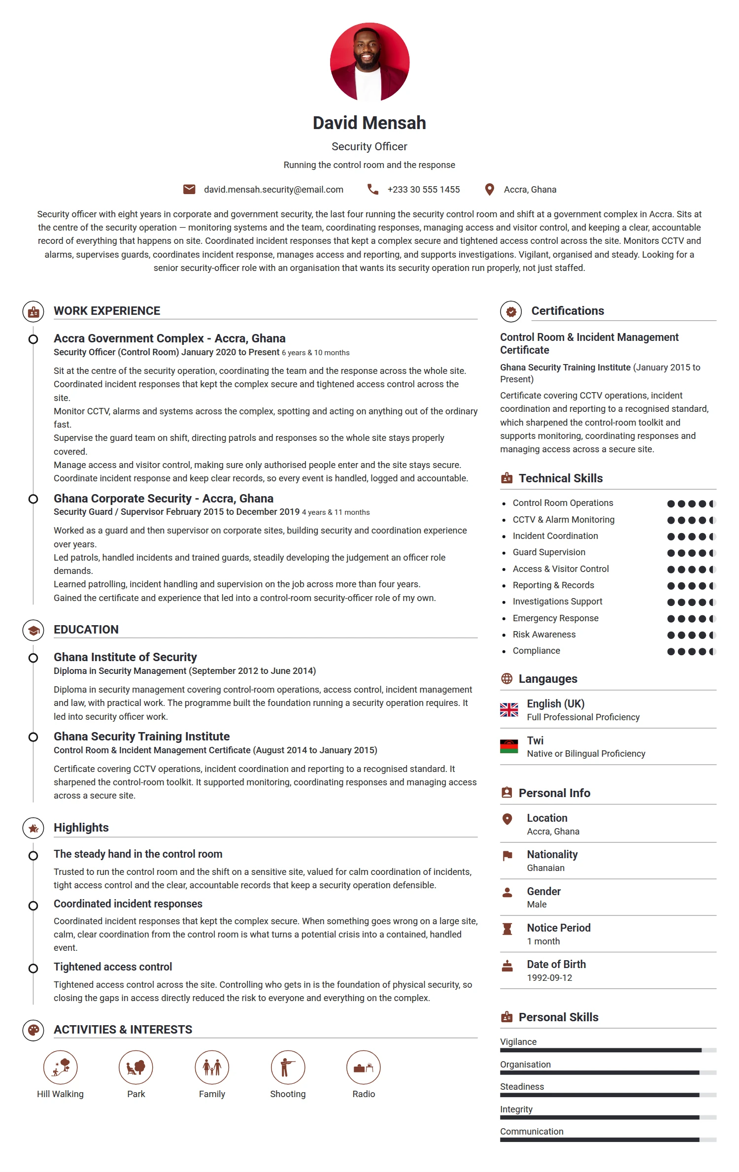 Security Guard resume example — a professionally formatted Law Enforcement/Military/Security CV sample
