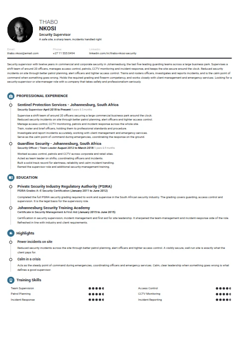 Security Supervisor resume example