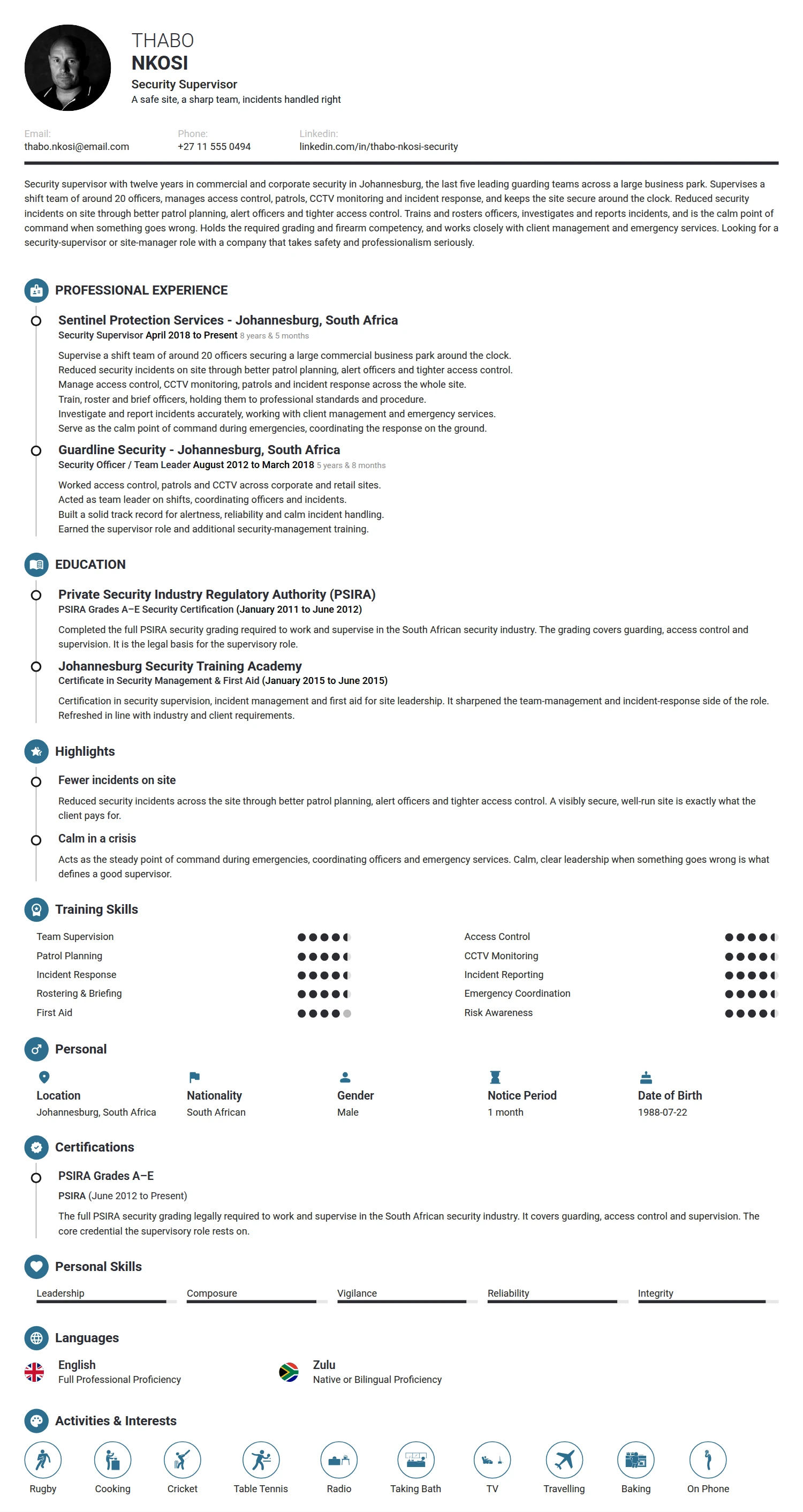 Security Supervisor resume example — a professionally formatted Law Enforcement/Military/Security CV sample