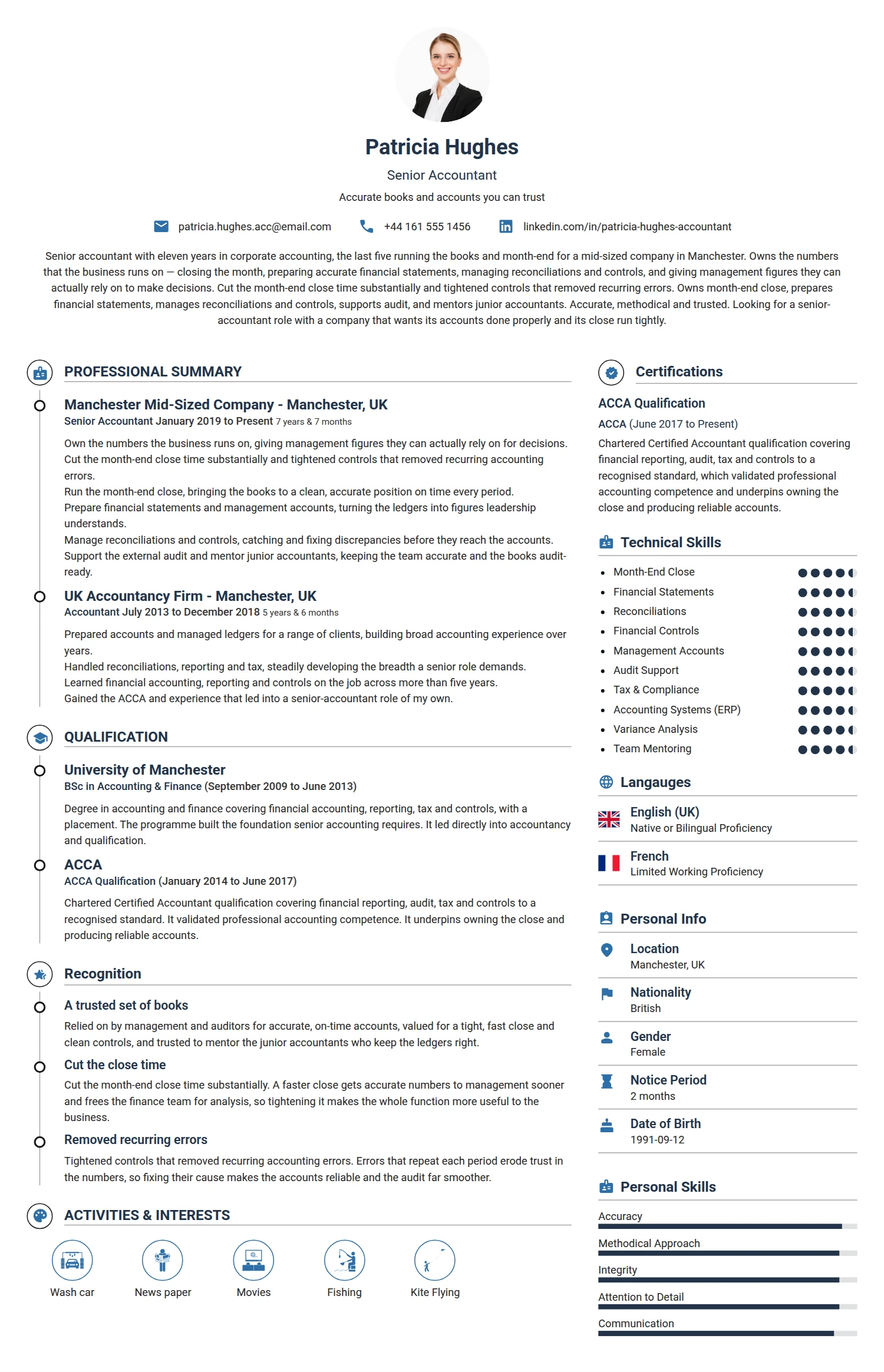 Senior Accountant resume example — a professionally formatted Accounting/Auditing CV sample
