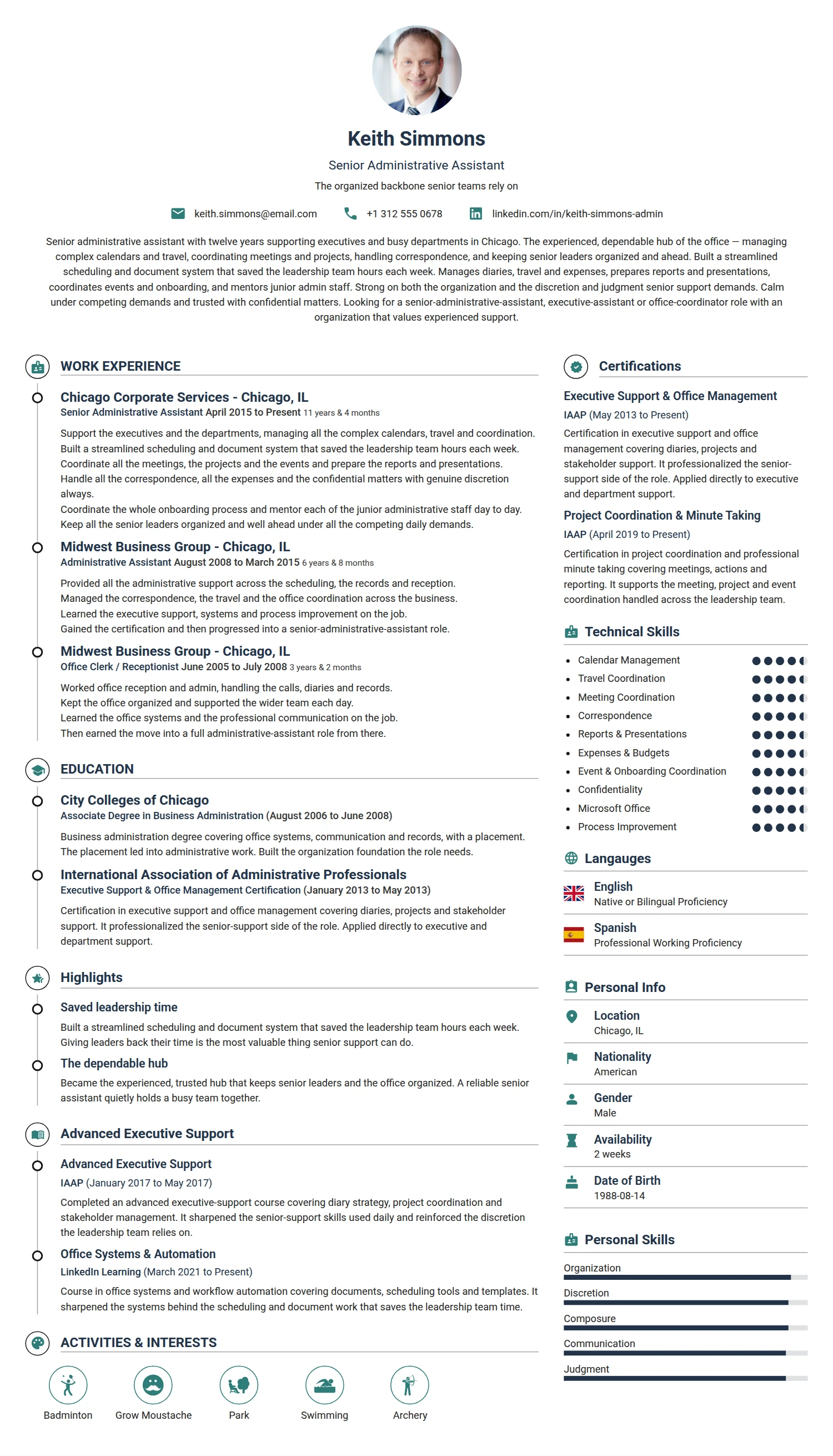 Senior Administrative Assistant resume example — a professionally formatted Administration CV sample