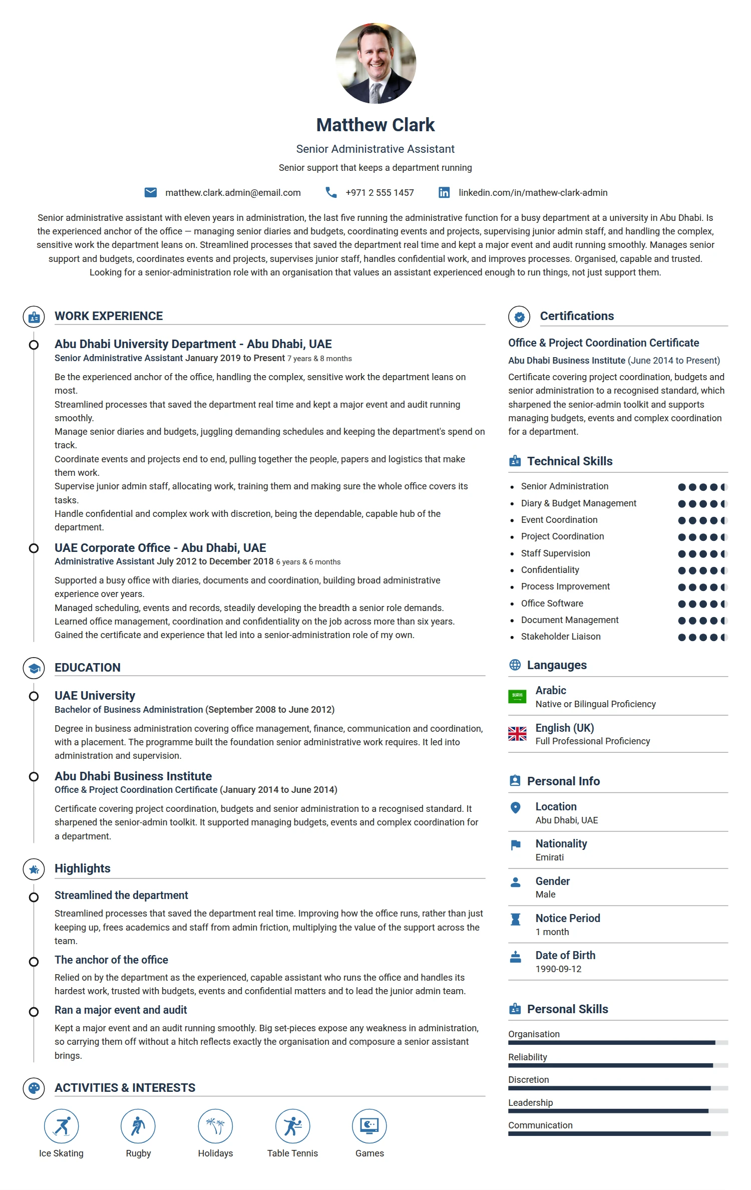 Senior Assistant Administration resume example — a professionally formatted Administration CV sample