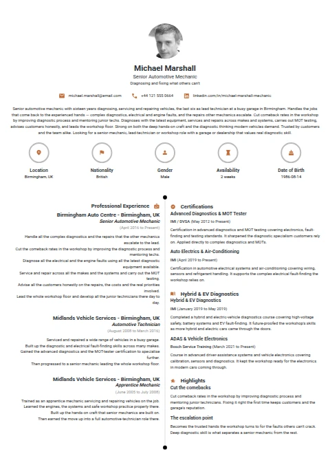 Senior Automotive Mechanic resume example — a professionally formatted Maintenance/Repair CV sample
