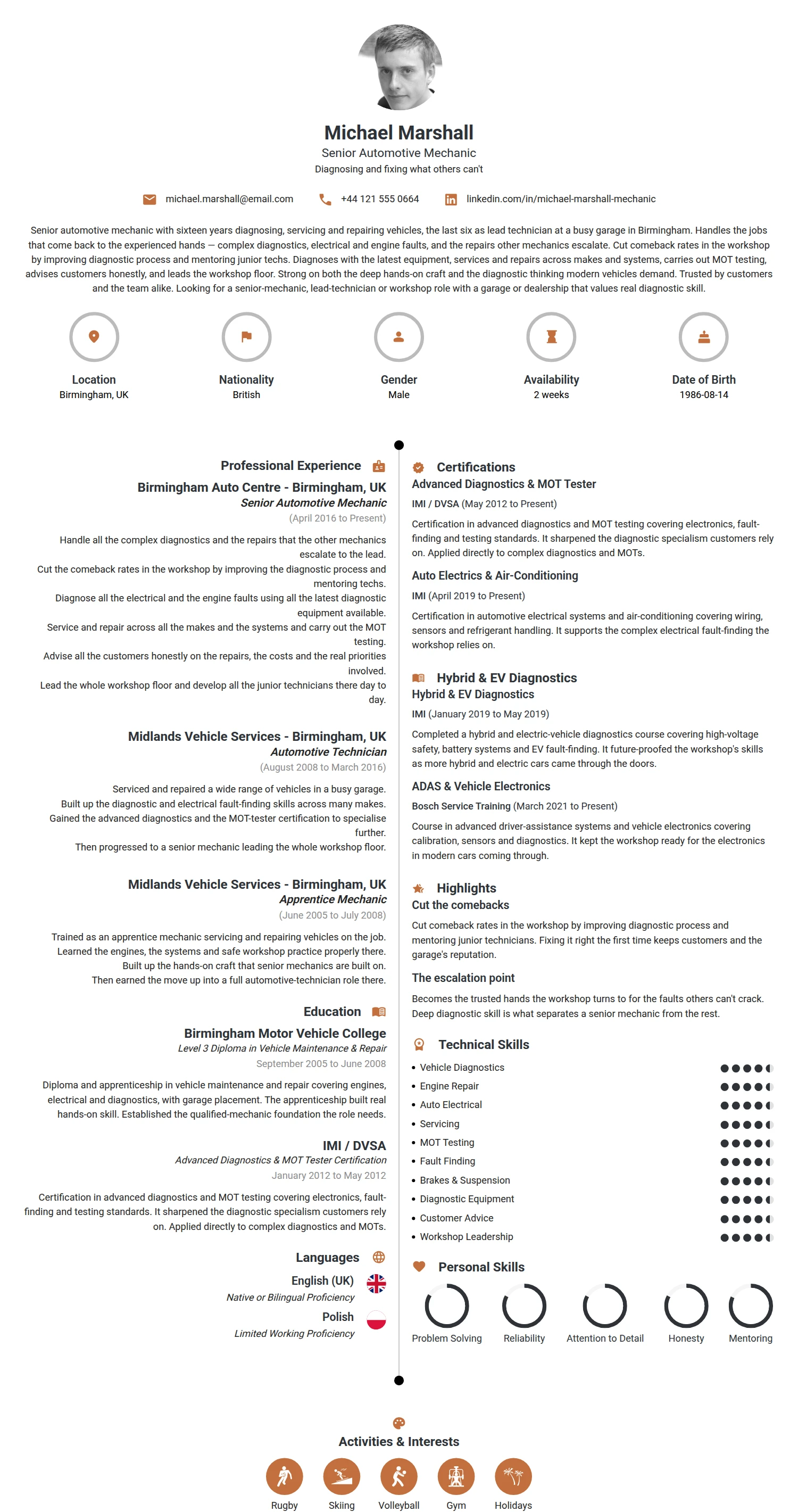 Senior Automotive Mechanic resume example — a professionally formatted Maintenance/Repair CV sample