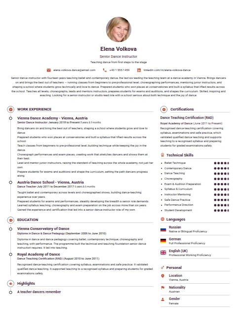 Senior Dance Instructor resume example