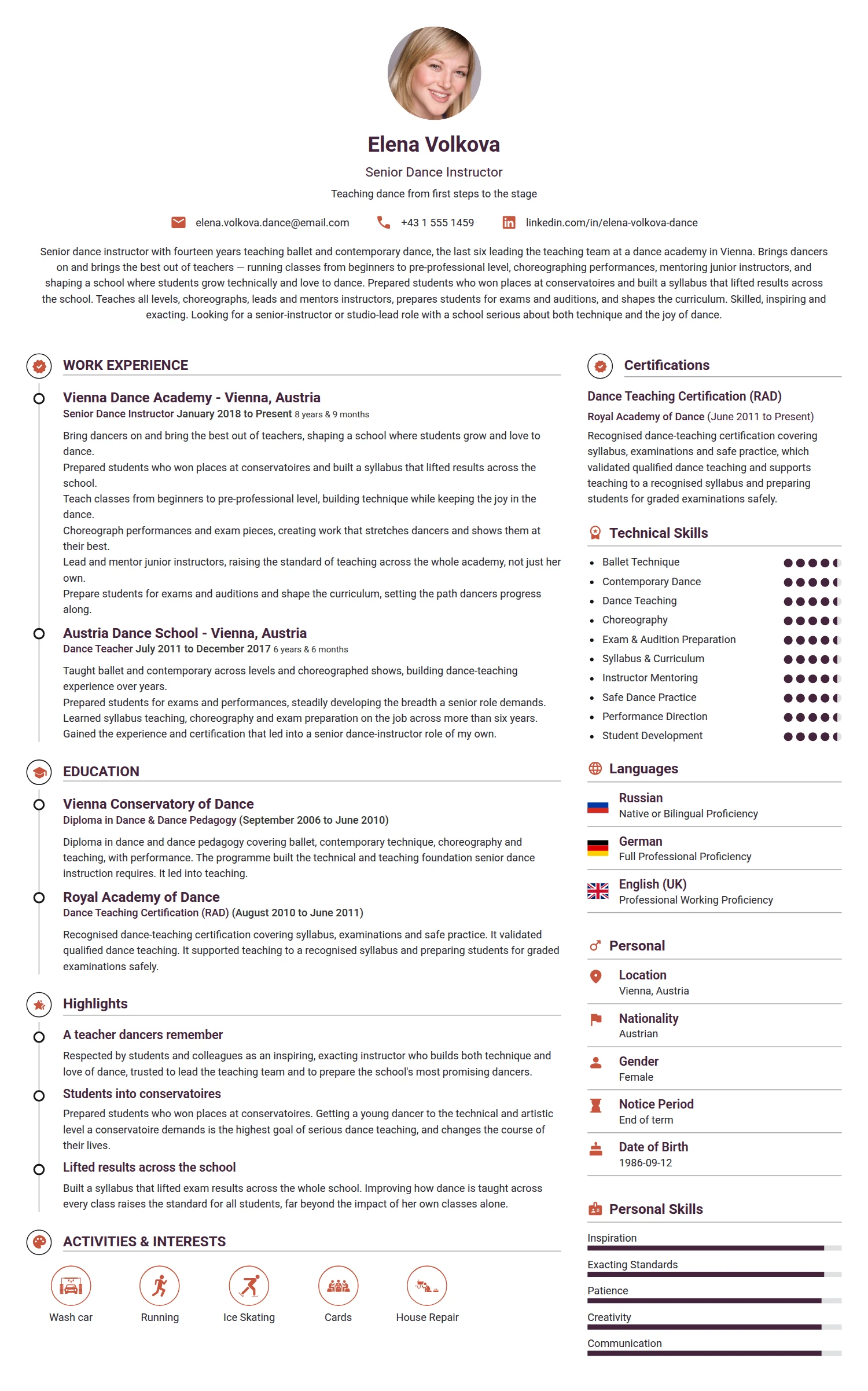 Senior Dance Instructor resume example — a professionally formatted Art/Creative/Design CV sample