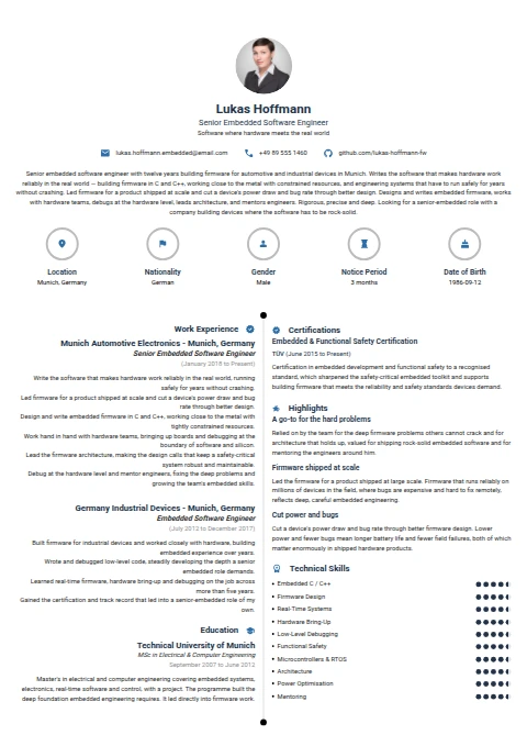 Senior Embedded Software Engineer resume example