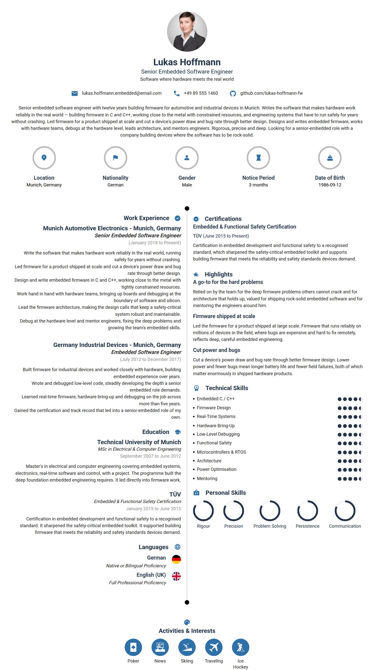 Senior Embedded Software Engineer resume example — a professionally formatted Software Development & IT CV sample