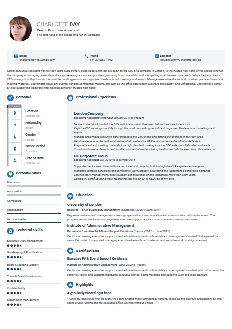 Senior Executive Assistant resume example