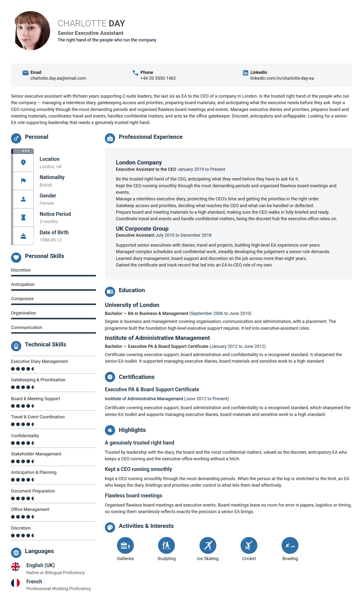 Senior Executive Assistant resume example — a professionally formatted Administration CV sample
