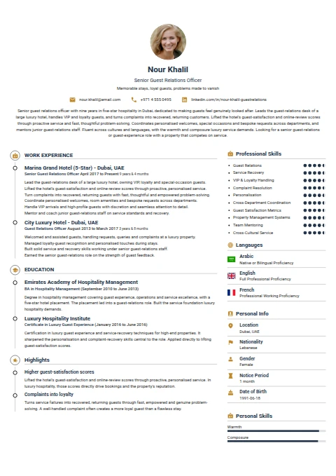 Senior Guest Relations Officer resume example
