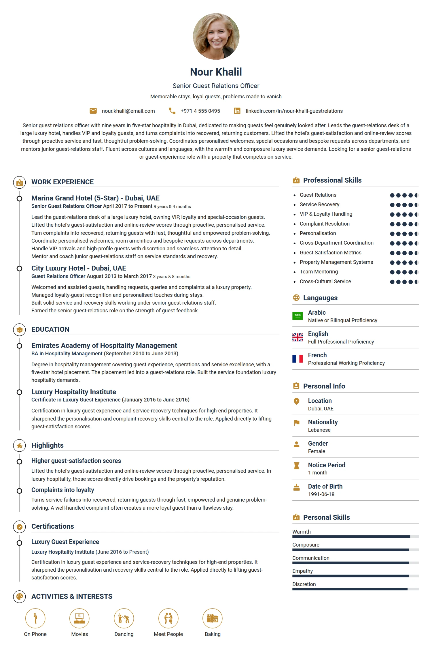 Senior Guest Relations Officer resume example — a professionally formatted Hospitality CV sample
