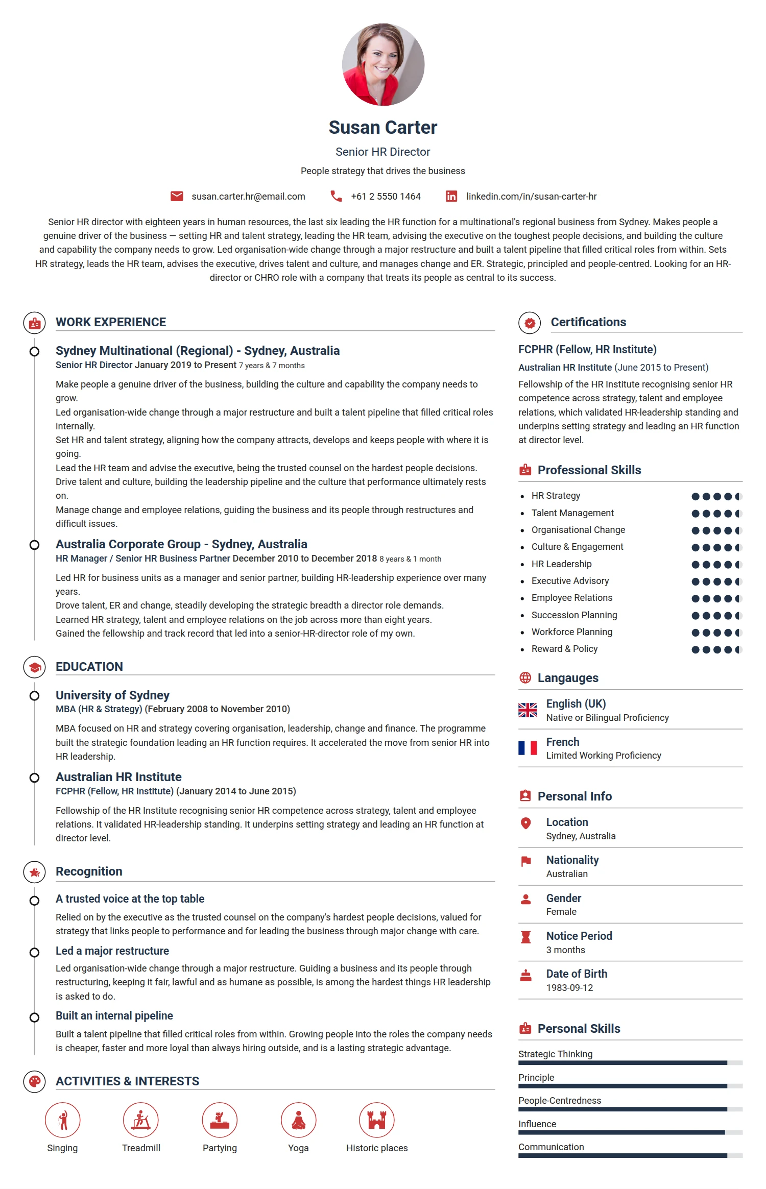 Senior HR Director resume example — a professionally formatted Human Resources CV sample