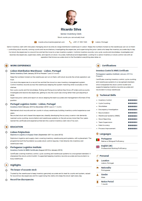 Senior Inventory Clerk resume example — a professionally formatted Logistics/Supply Chain CV sample