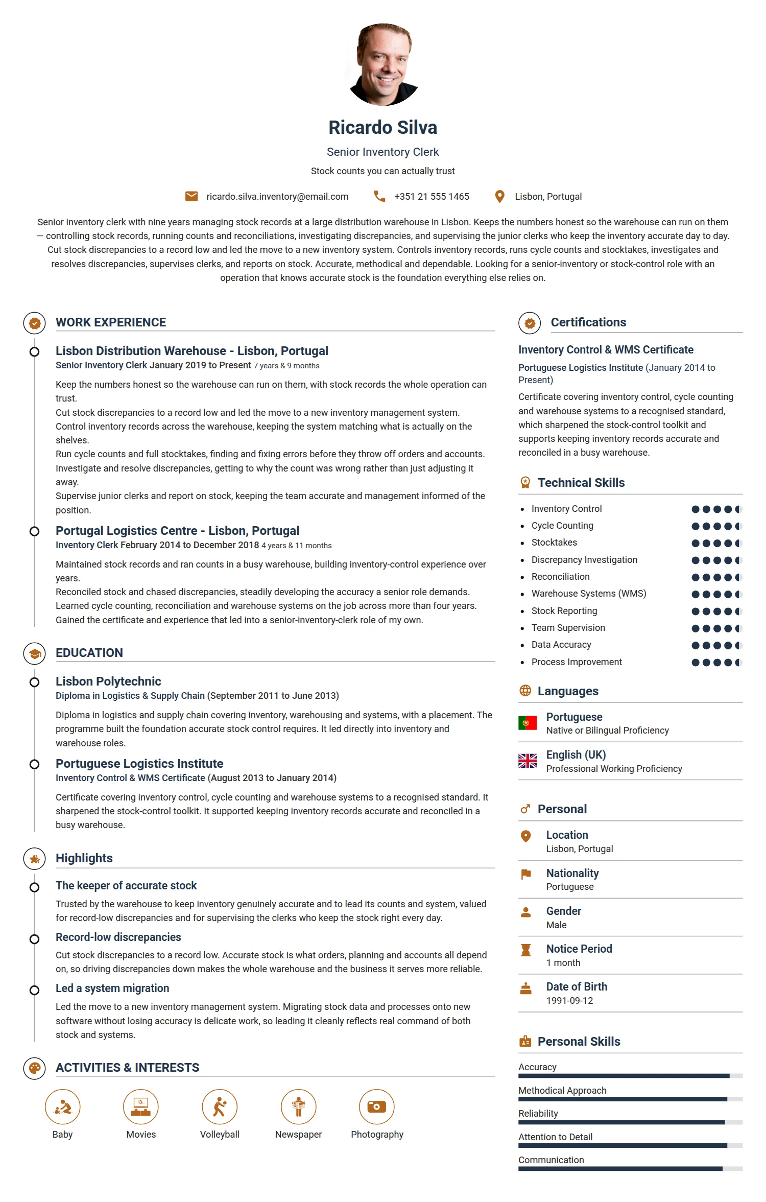 Senior Inventory Clerk resume example — a professionally formatted Logistics/Supply Chain CV sample
