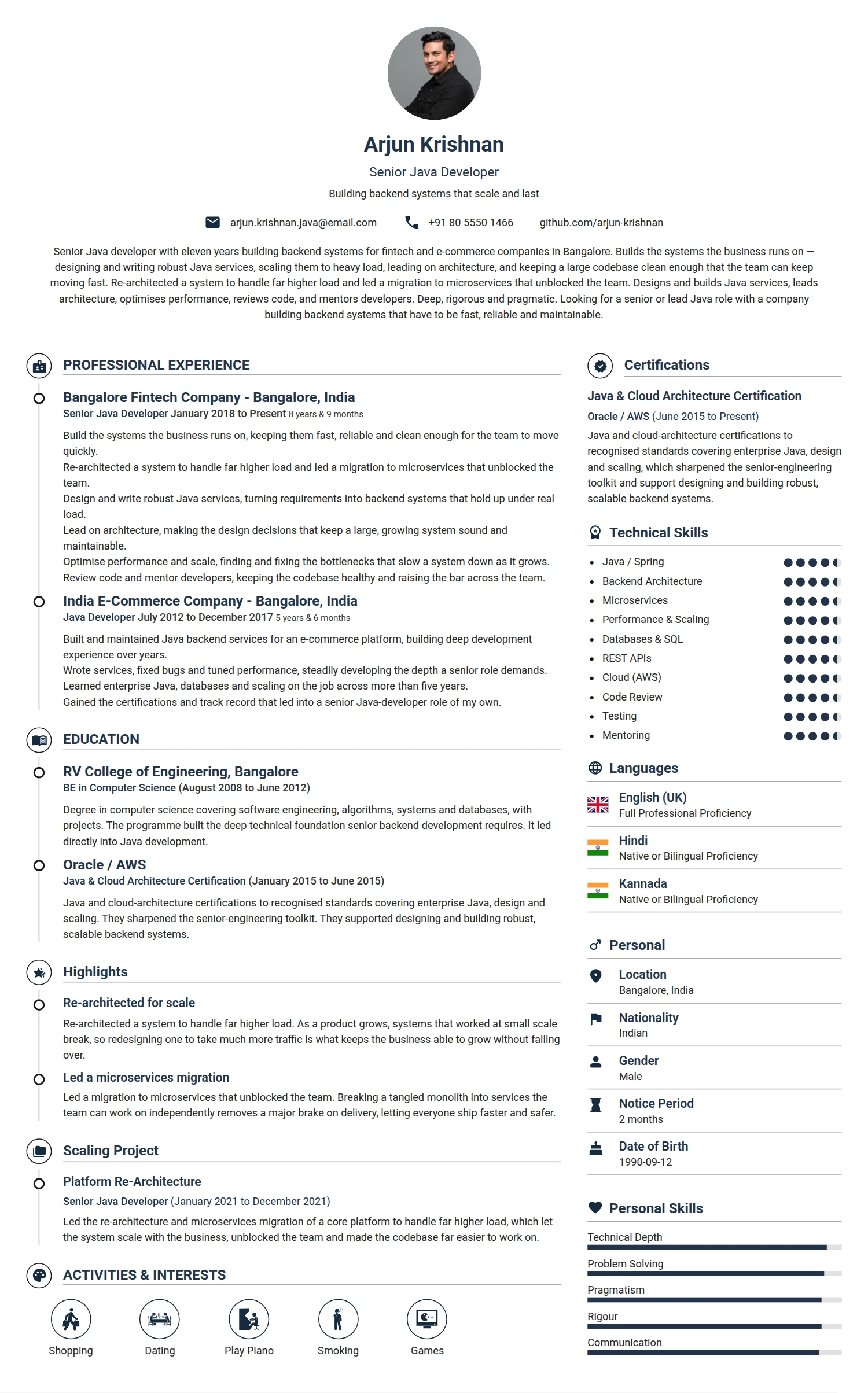 Senior Java Developer resume example — a professionally formatted Software Development & IT CV sample