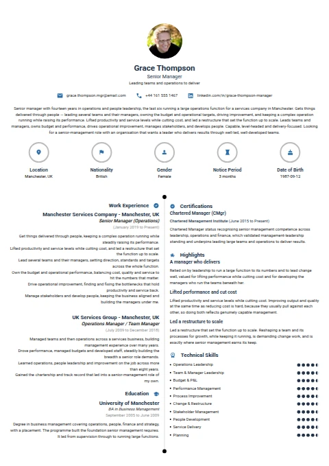 Senior Manager resume example — a professionally formatted Business Management CV sample