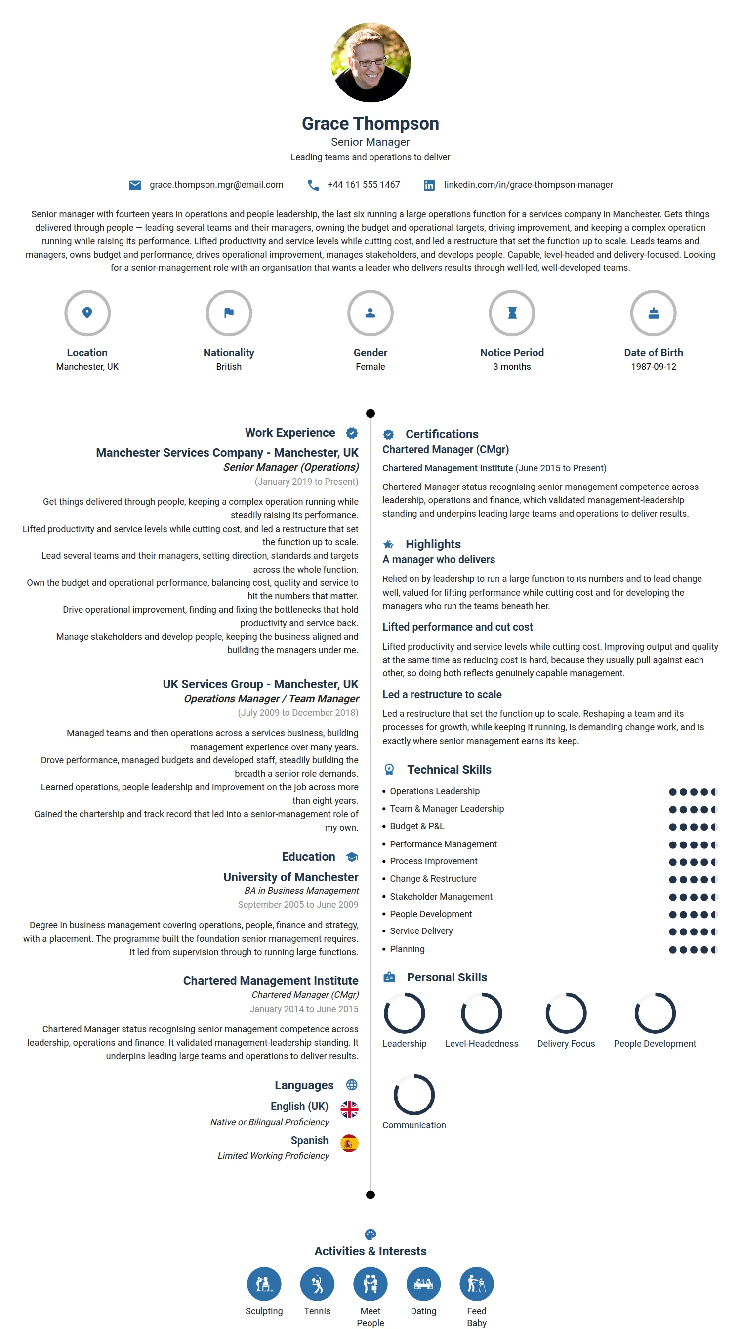 Senior Manager resume example — a professionally formatted Business Management CV sample