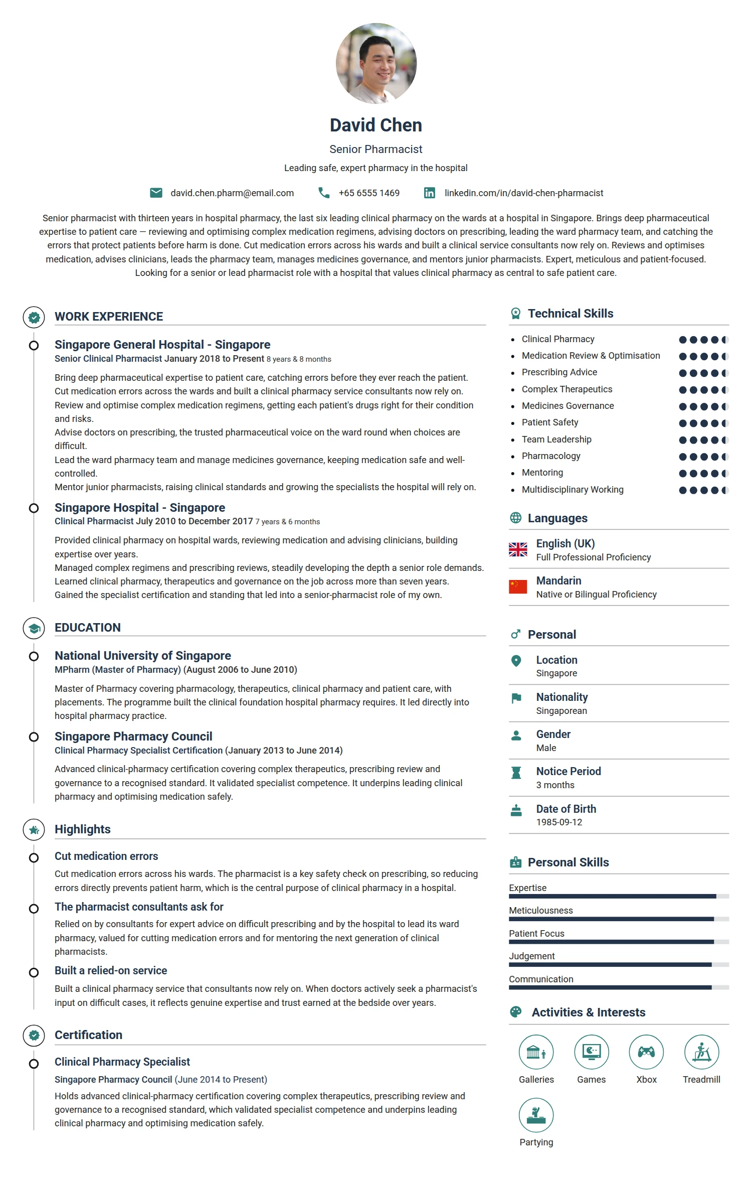 Senior Pharmacist resume example — a professionally formatted Medical & Healthcare CV sample