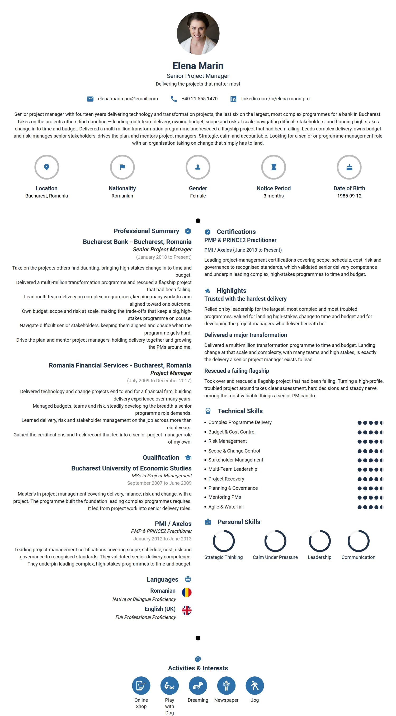 Senior Project Manager resume example — a professionally formatted Business Management CV sample
