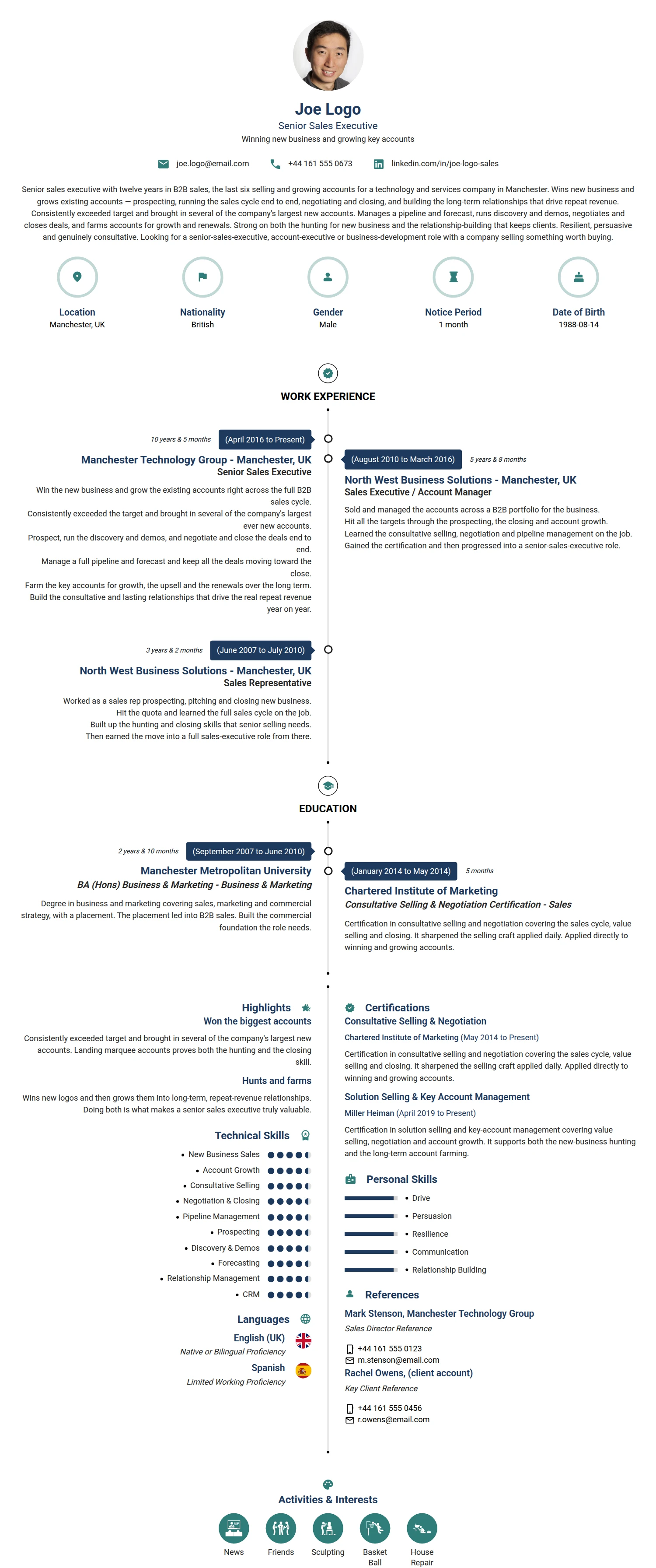 Senior Sales Executive resume example — a professionally formatted Sales CV sample