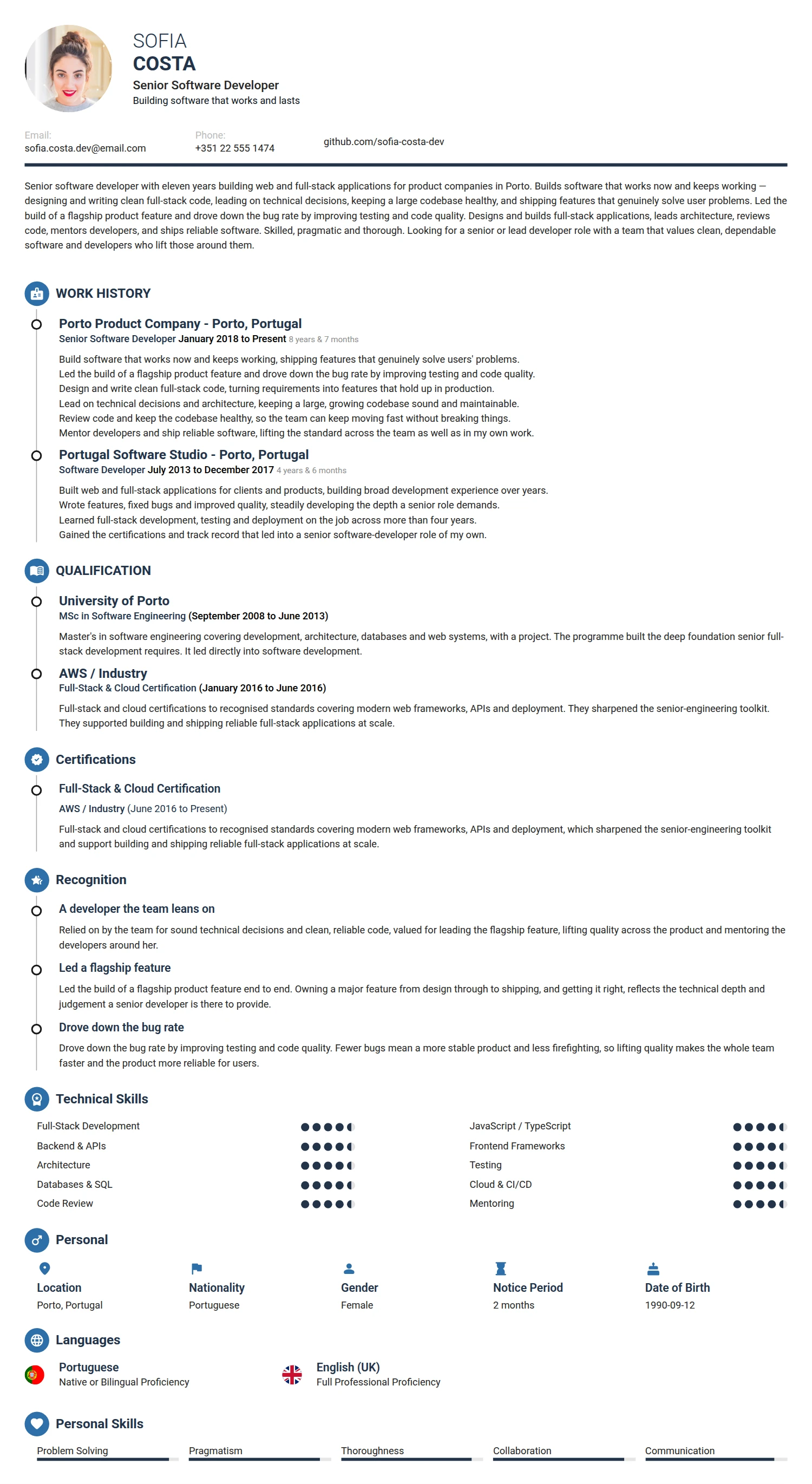 Senior Software Developer resume example — a professionally formatted Software Development & IT CV sample