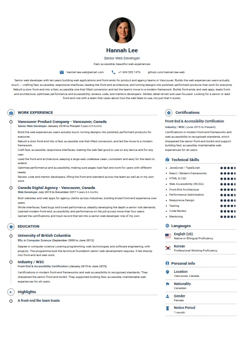 Senior Web Developer resume example