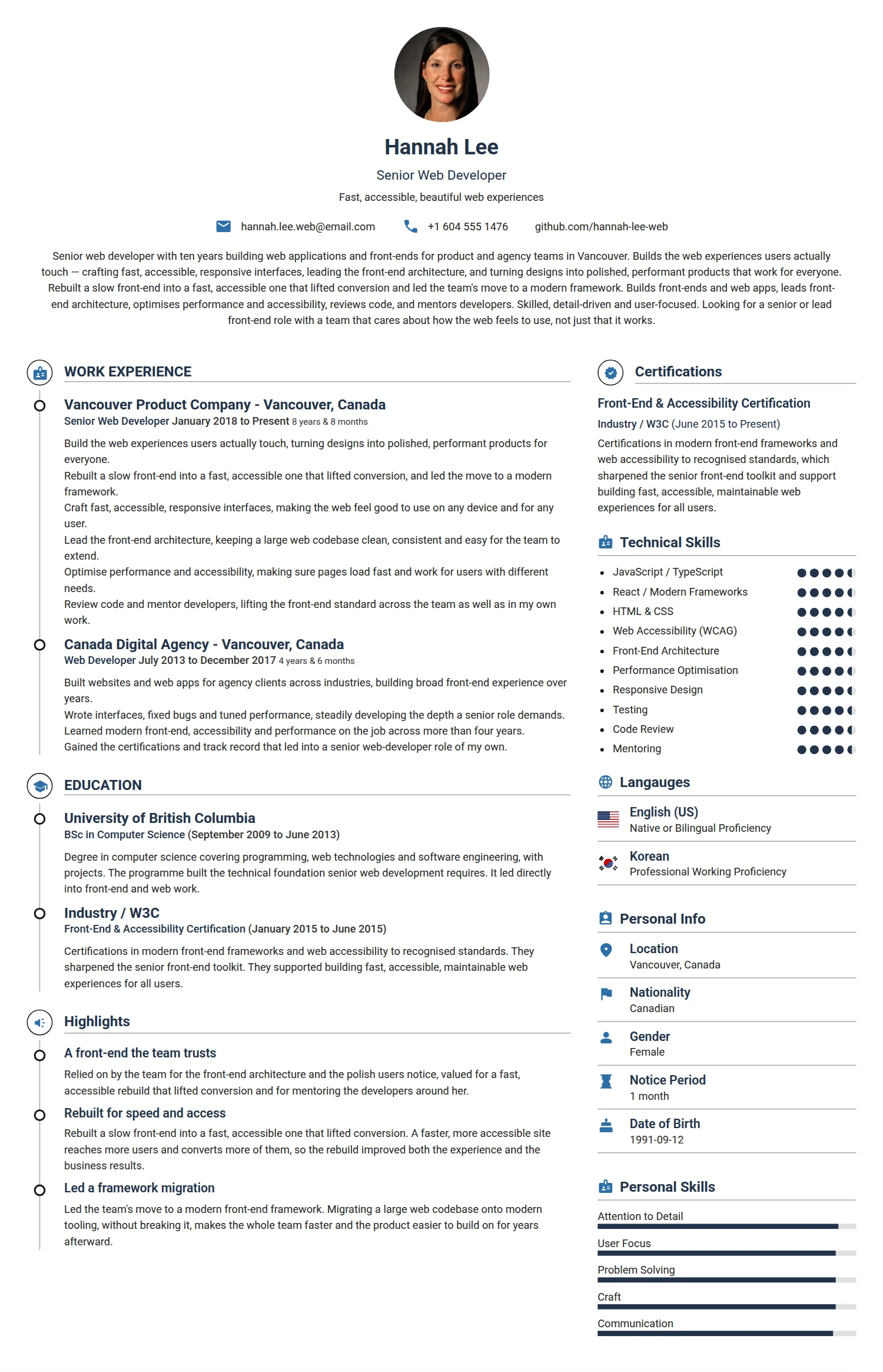 Senior Web Developer resume example — a professionally formatted Software Development & IT CV sample