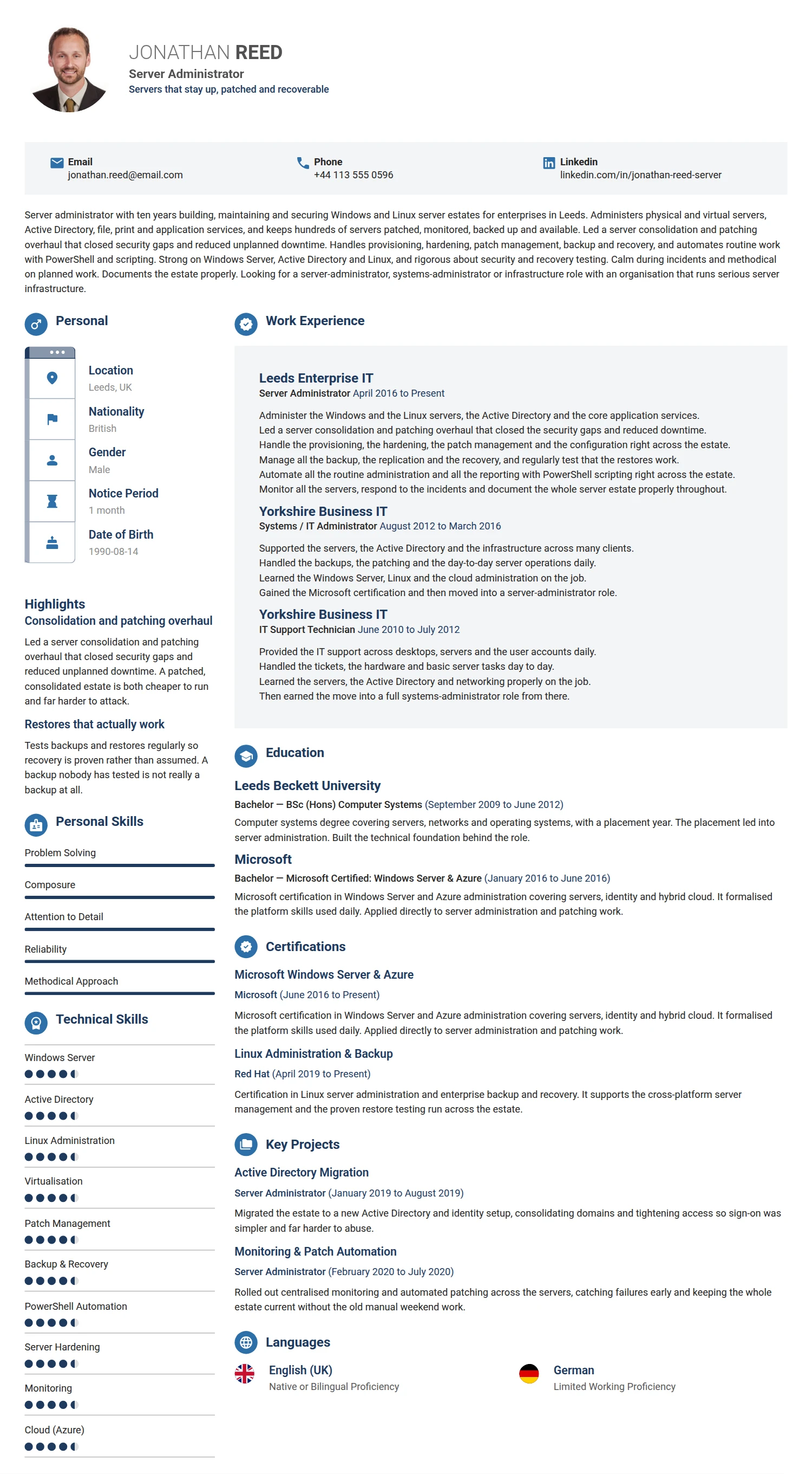 Server Administrator resume example — a professionally formatted Software Development & IT CV sample