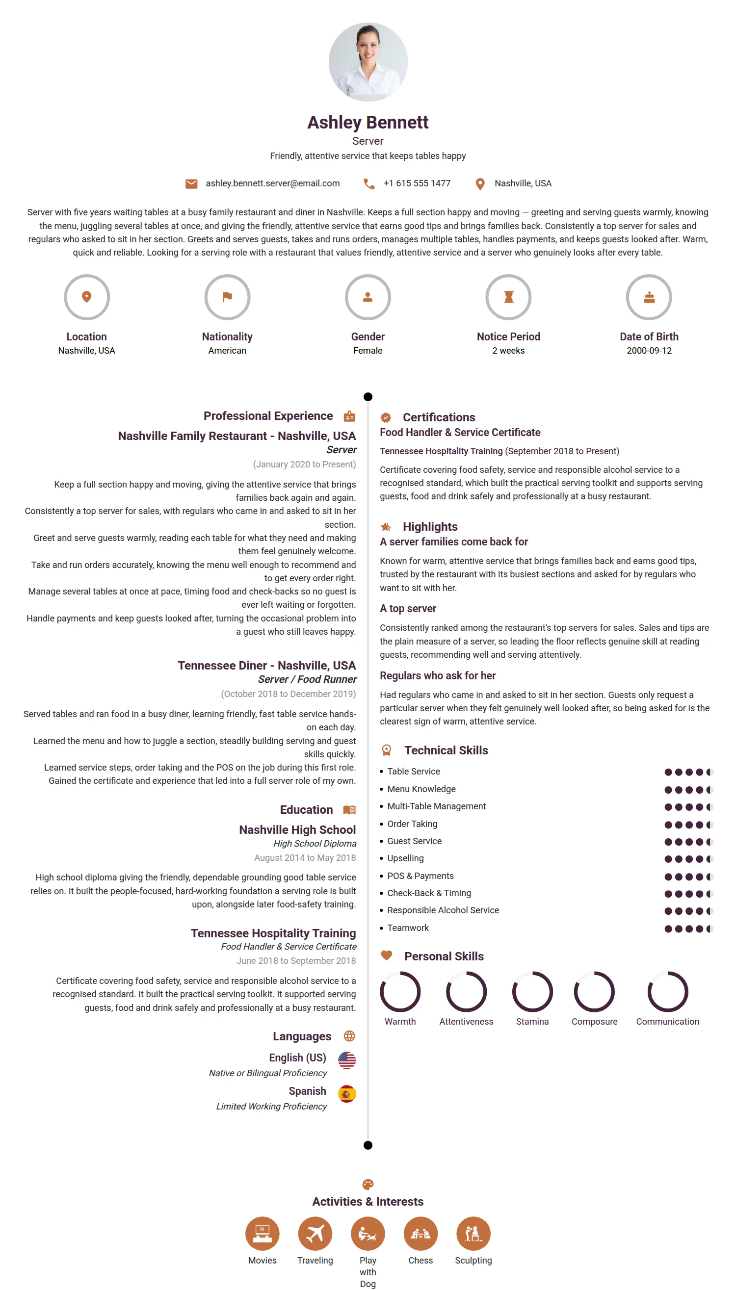 Server resume example — a professionally formatted Hospitality CV sample
