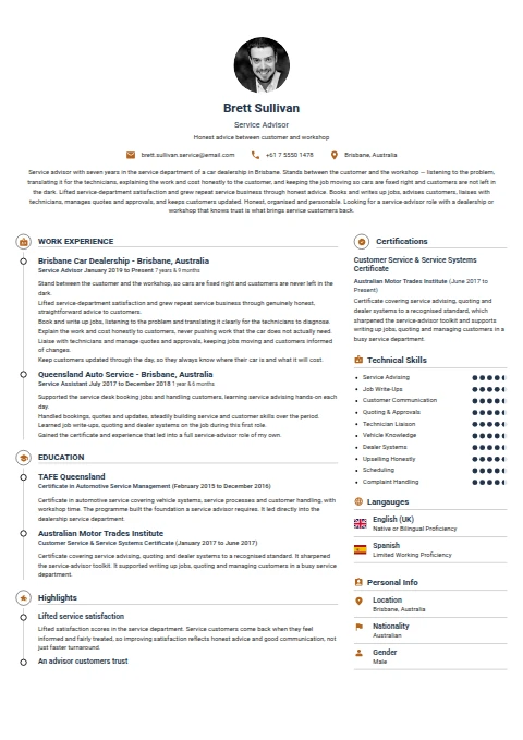 Service Advisor resume example