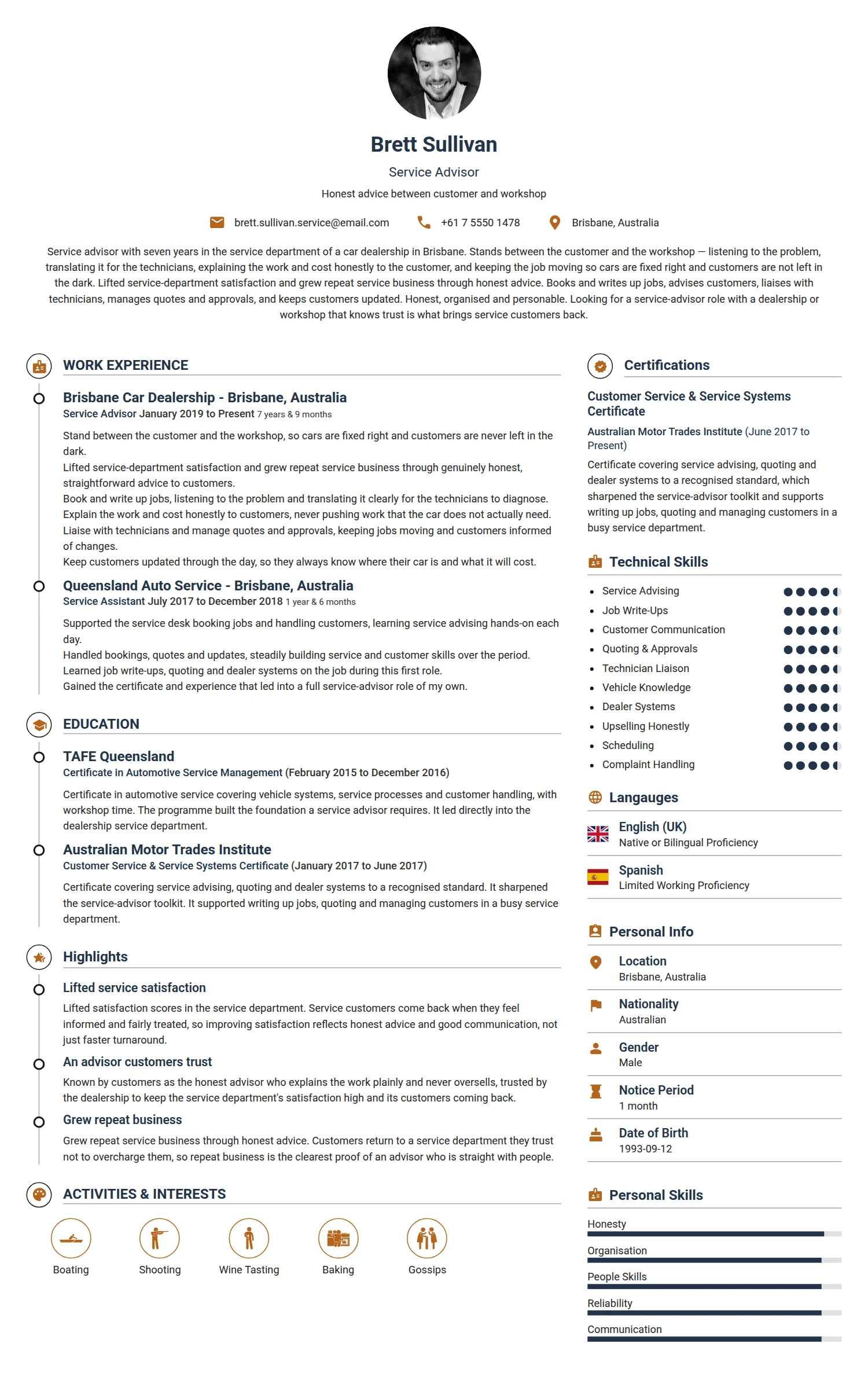 Service Advisor resume example — a professionally formatted Sales CV sample