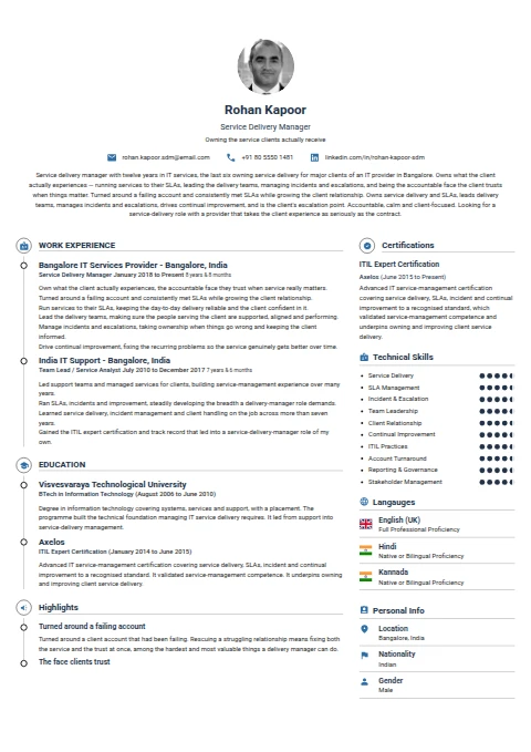 Service Delivery Manager resume example
