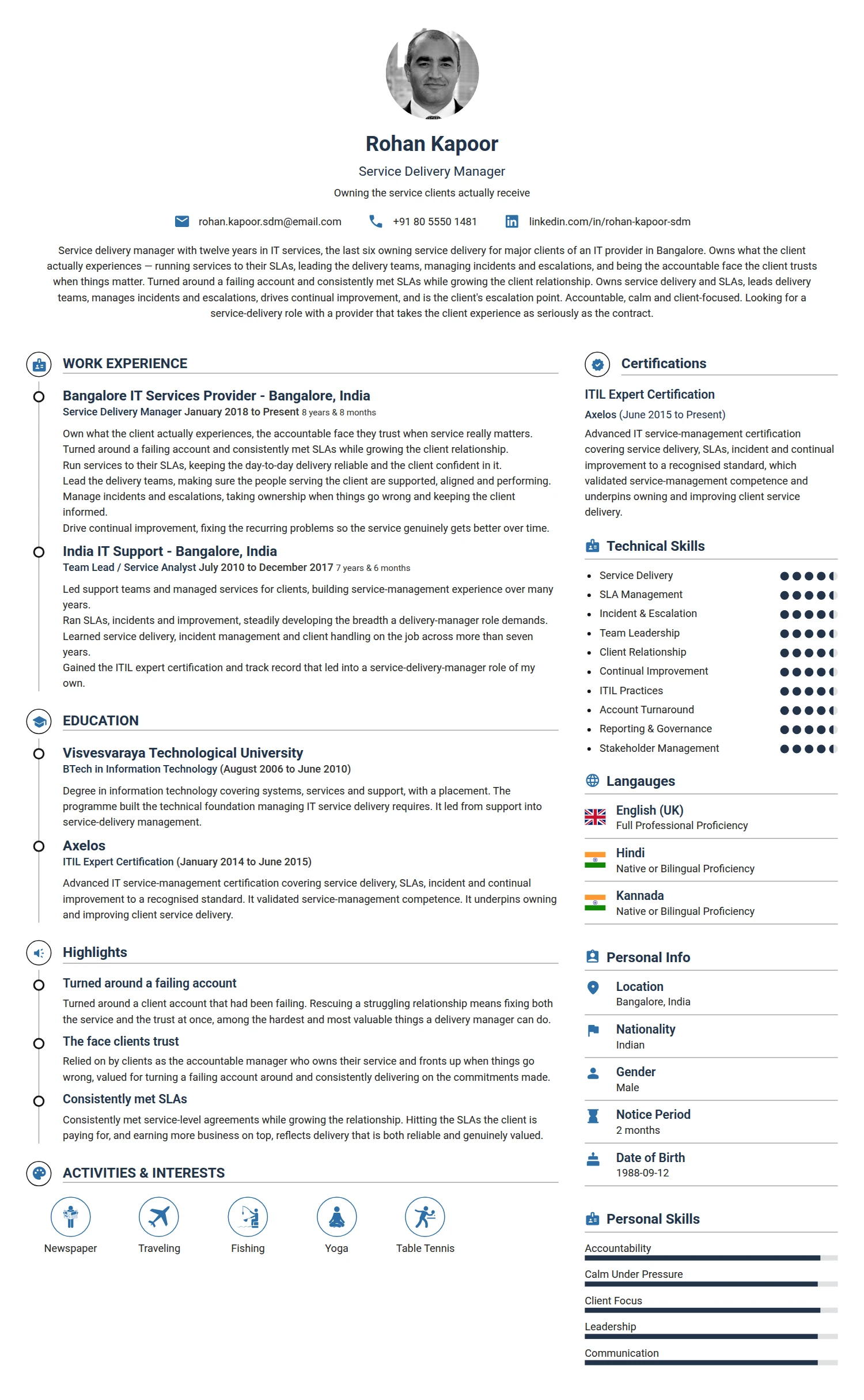 Service Delivery Manager resume example — a professionally formatted Business Management CV sample