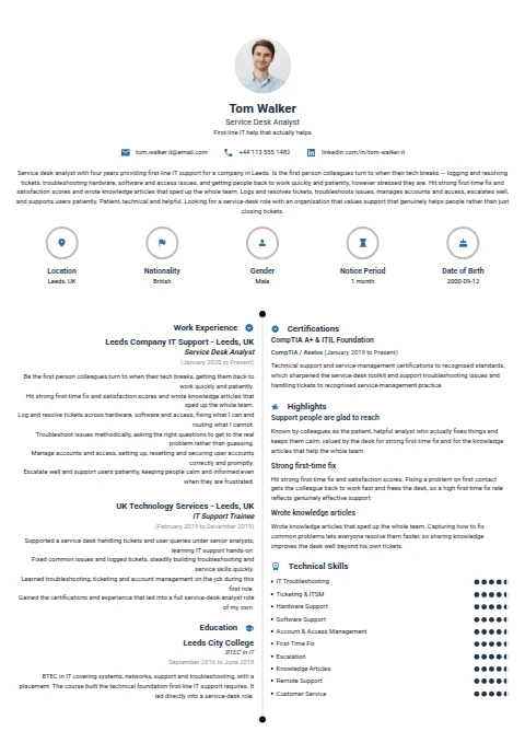 Service Desk Analyst resume example