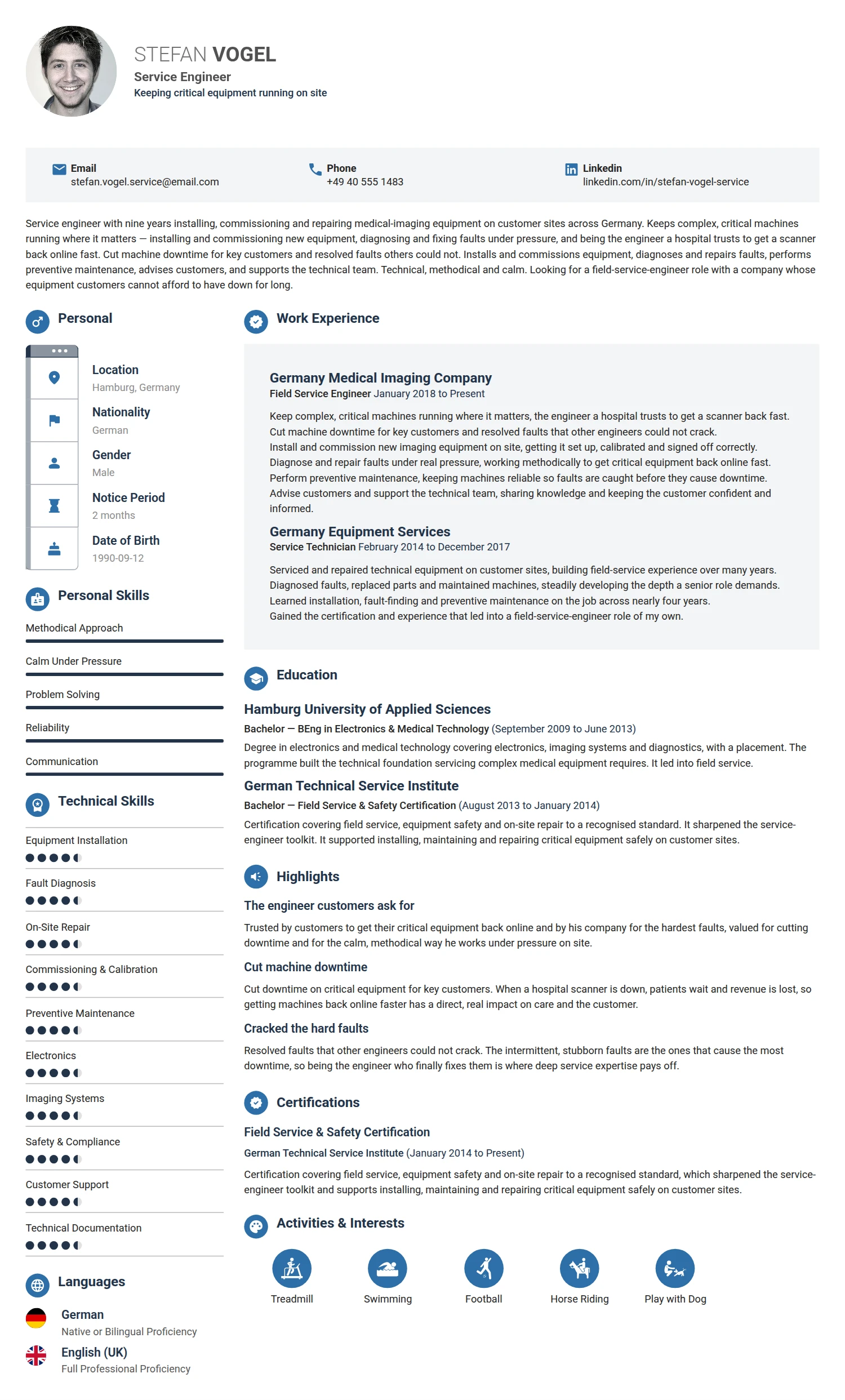 Service Engineer resume example — a professionally formatted Engineering CV sample