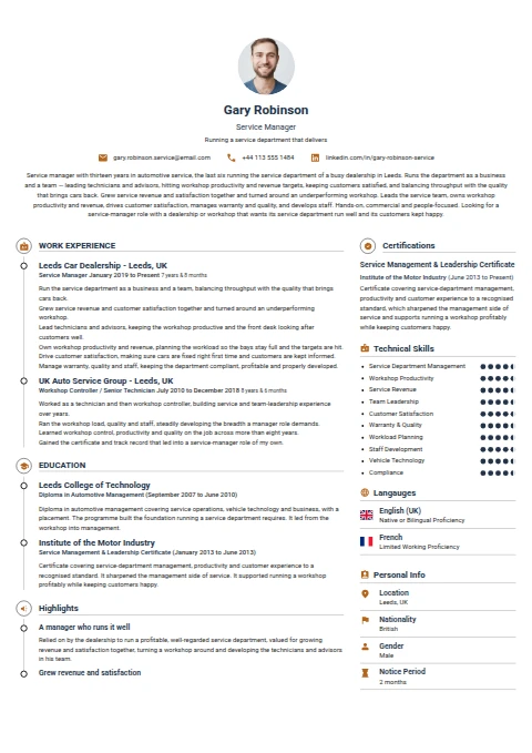 Service Manager resume example