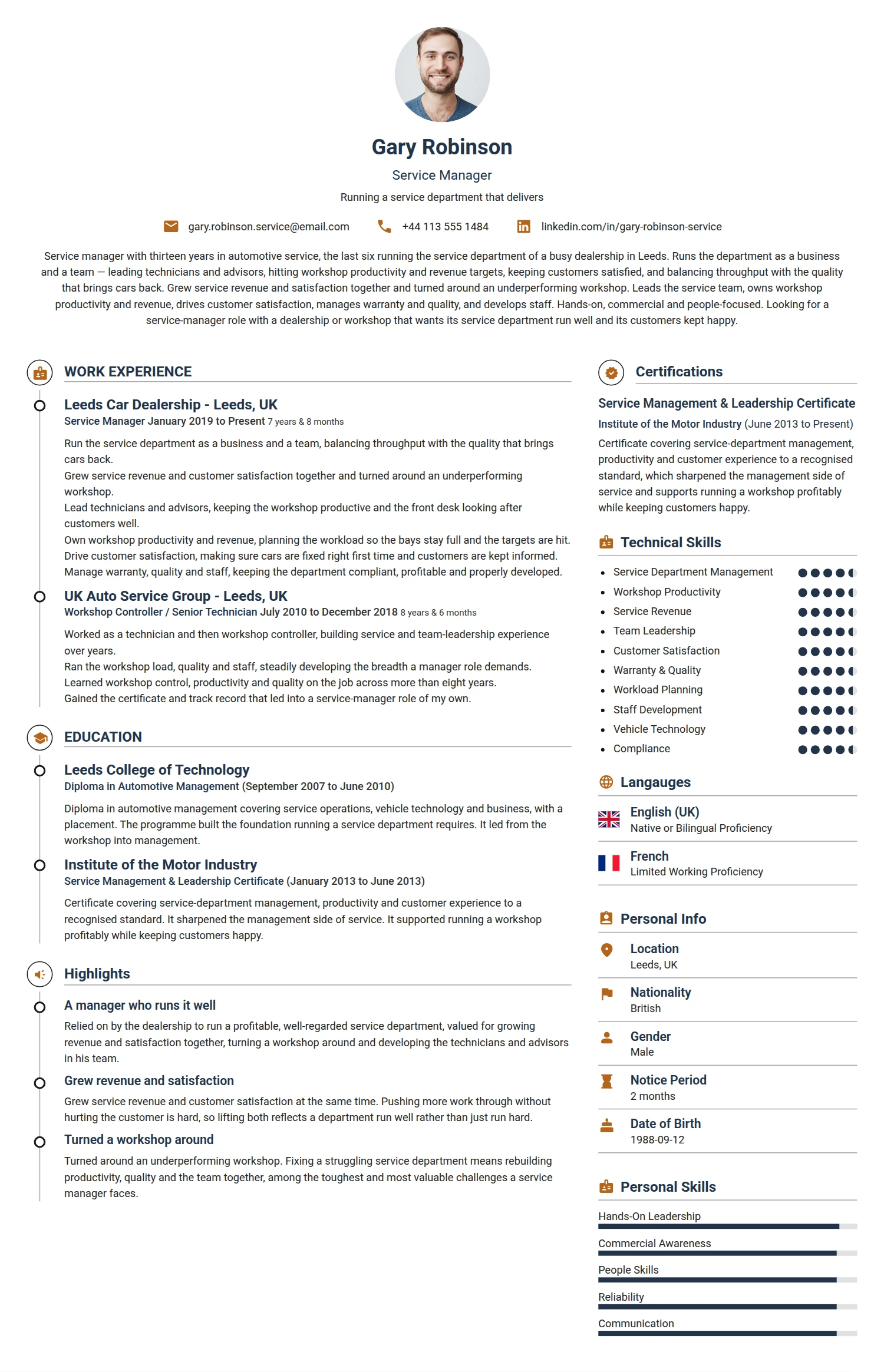 Service Manager resume example — a professionally formatted Business Management CV sample