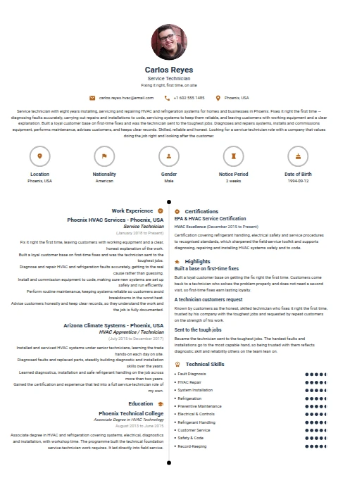 Service Technician resume example