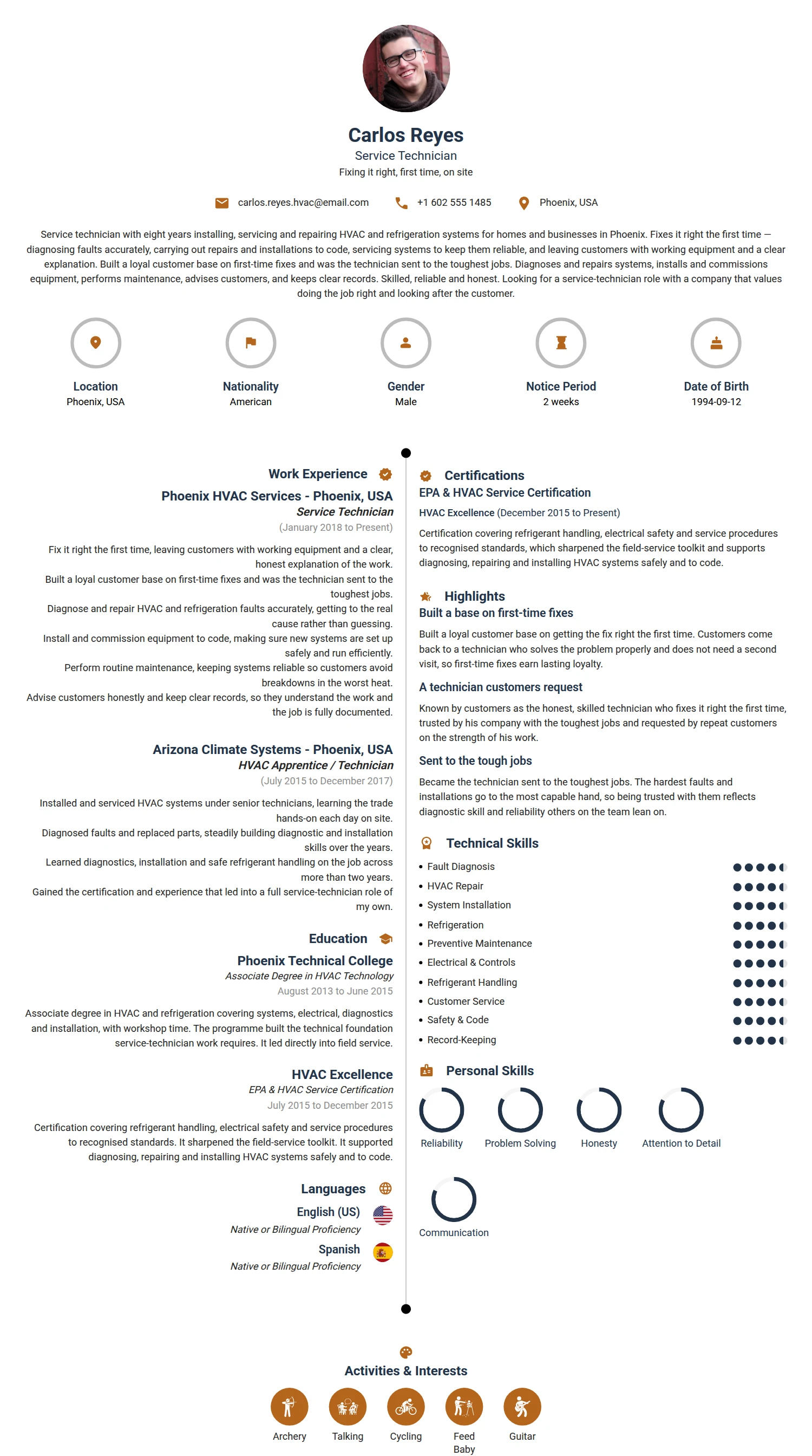 Service Technician resume example — a professionally formatted Maintenance/Repair CV sample