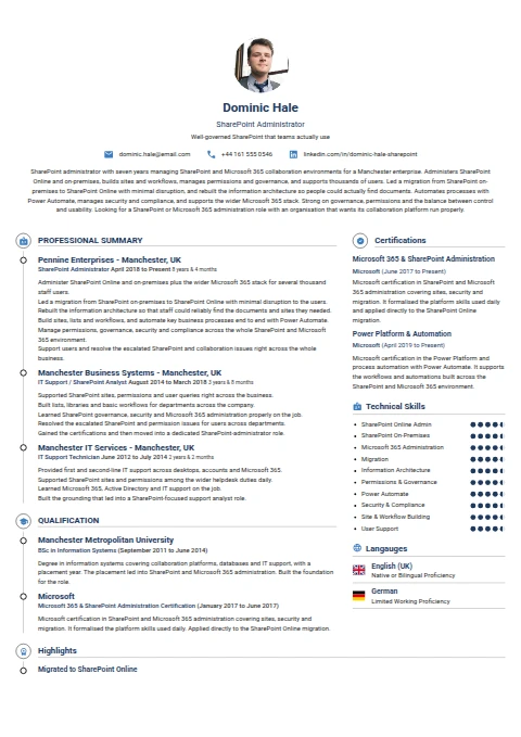 Sharepoint Administrator resume example